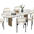 Modern Oval Dining Table Set with Marble Top Wooden Legs White Chairs Black Metal Legs