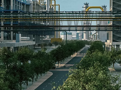 Modern Industrial Plant With Large Facilities Overhead Pipes Walkway Bridge And Green Trees Along Road 3d model