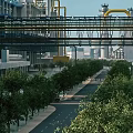 Modern Industrial Plant With Large Facilities Overhead Pipes Walkway Bridge And Green Trees Along Road