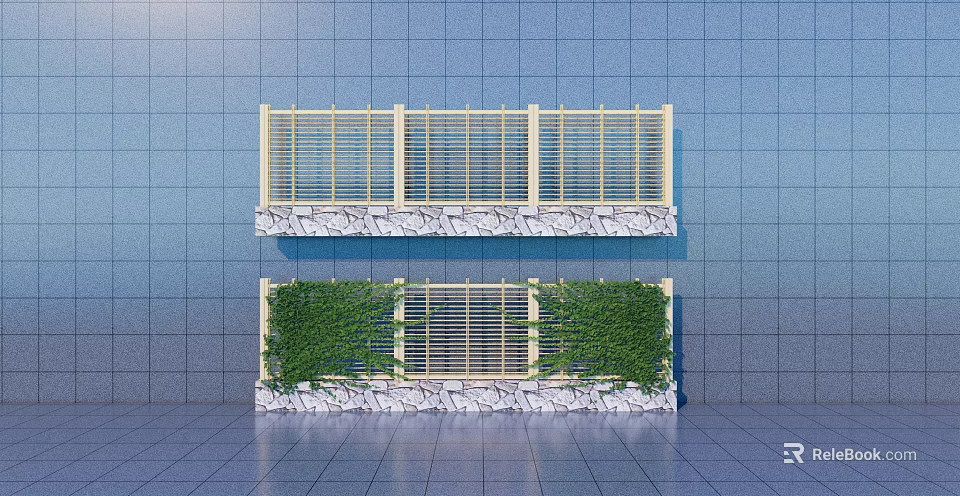 Two Tiered Garden Wall with Yellow Lattice Panels Stone Base Green Vines and Blue Tiles 3d model 