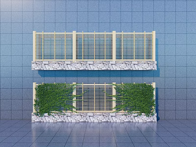 Two Tiered Garden Wall with Yellow Lattice Panels Stone Base Green Vines and Blue Tiles 3d model
