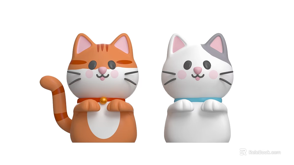 Cute Cartoon Cat Figurines Orange Striped Red Collar Bell And White Gray Ears Blue Collar 3d model 