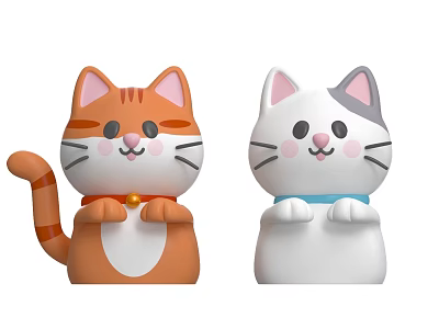 Cute Cartoon Cat Figurines Orange Striped Red Collar Bell And White Gray Ears Blue Collar 3d model