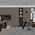 Modern Minimalist Office Interior With Wooden Desk Ergonomic Chairs And Bookshelves
