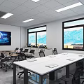 Modern Conference Room Setup With Long Tables Black Office Chairs Large Windows And Mountain View