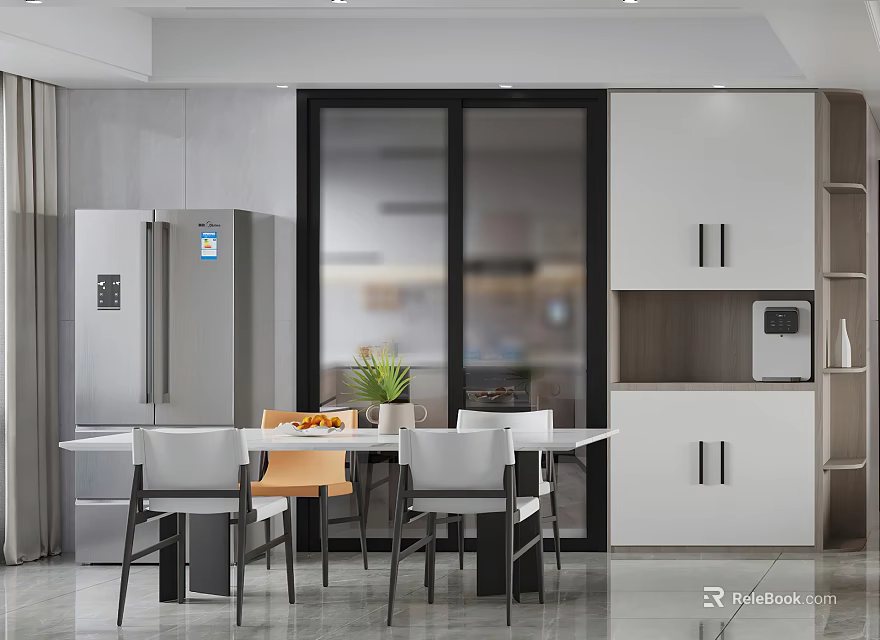 Modern Restaurant Interior With White Cabinets Glass Doors Silver Refrigerator Dining Table And Chairs 3d model 