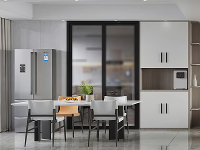 Modern Restaurant Interior With White Cabinets Glass Doors Silver Refrigerator Dining Table And Chairs 3d model