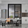 Modern Restaurant Interior With White Cabinets Glass Doors Silver Refrigerator Dining Table And Chairs