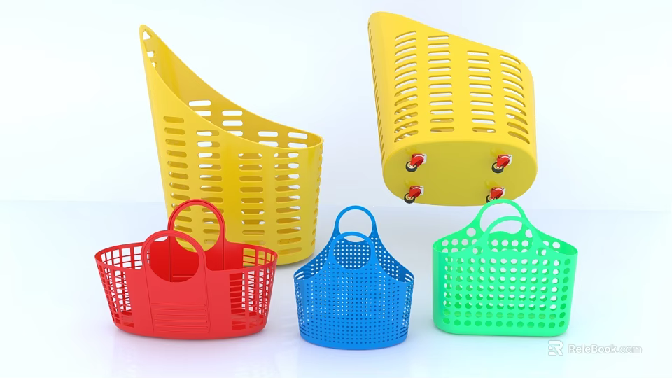 Colorful Plastic Shopping Baskets For Supermarket With Various Styles And Handles 3d model 