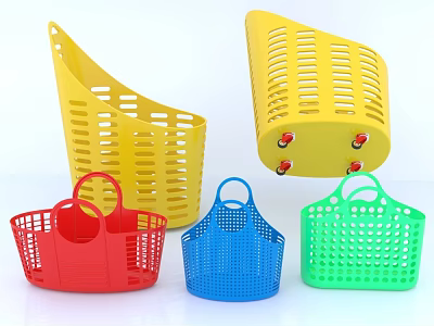 Colorful Plastic Shopping Baskets For Supermarket With Various Styles And Handles 3d model