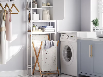 Tidy Modern Laundry Room With Washing Machine Gray Cabinets And Cleaning Supplies On Shelves 3d model