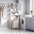 Tidy Modern Laundry Room With Washing Machine Gray Cabinets And Cleaning Supplies On Shelves