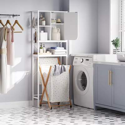 Tidy Modern Laundry Room With Washing Machine Gray Cabinets And Cleaning Supplies On Shelves 3d model