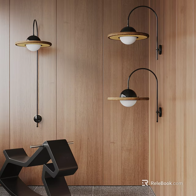Modern Wall Lamps With Black Metal Structure And Gold Trim On Wooden Wall Surface 3d model 