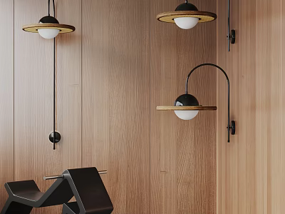 Modern Wall Lamps With Black Metal Structure And Gold Trim On Wooden Wall Surface 3d model