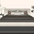 Elegant Modern Double Bed Interior With Upholstered Headboard Striped Bedding Pillows Pendant Lights And Flowers