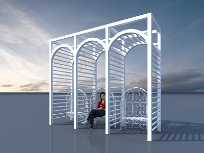 White Arched Pergola With Lattice Design And Wicker Chairs In Outdoor Relaxing Area 3d model