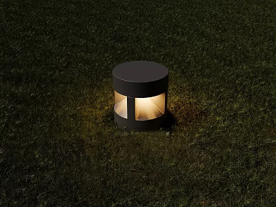 Round Outdoor Light Illuminated On Grass With Warm Glow And Glass Panel 3d model