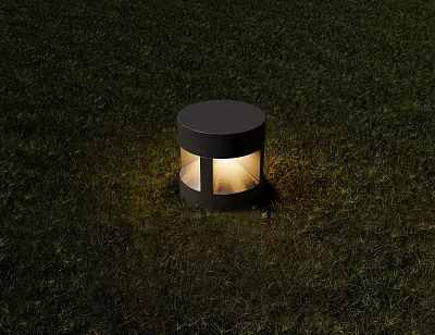 Round Outdoor Light Illuminated On Grass With Warm Glow And Glass Panel 3d model
