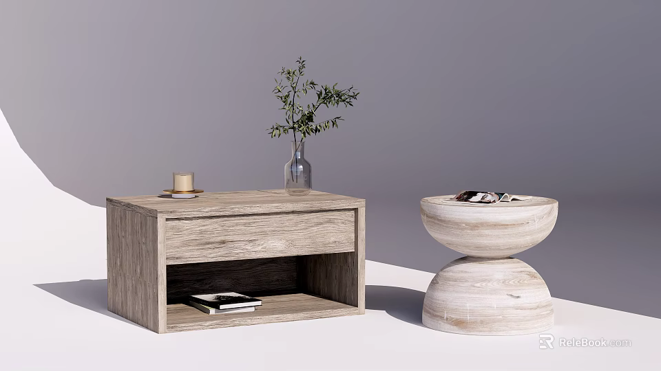 Wooden and Marble Bedside Tables with Drawer Open Shelf Green Plant and Glasses 3d model 