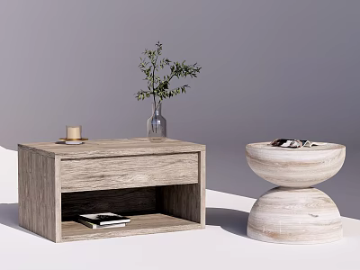Wooden and Marble Bedside Tables with Drawer Open Shelf Green Plant and Glasses 3d model