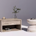 Wooden and Marble Bedside Tables with Drawer Open Shelf Green Plant and Glasses