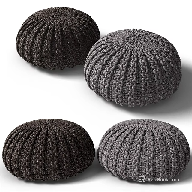 Round Knitted Pouf with Dark Brown and Gray Textured Patterns for Living Room 3d model 