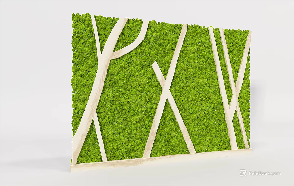 Vertical Green Wall With Moss And White Wooden Strips Decorative Design 3d model 