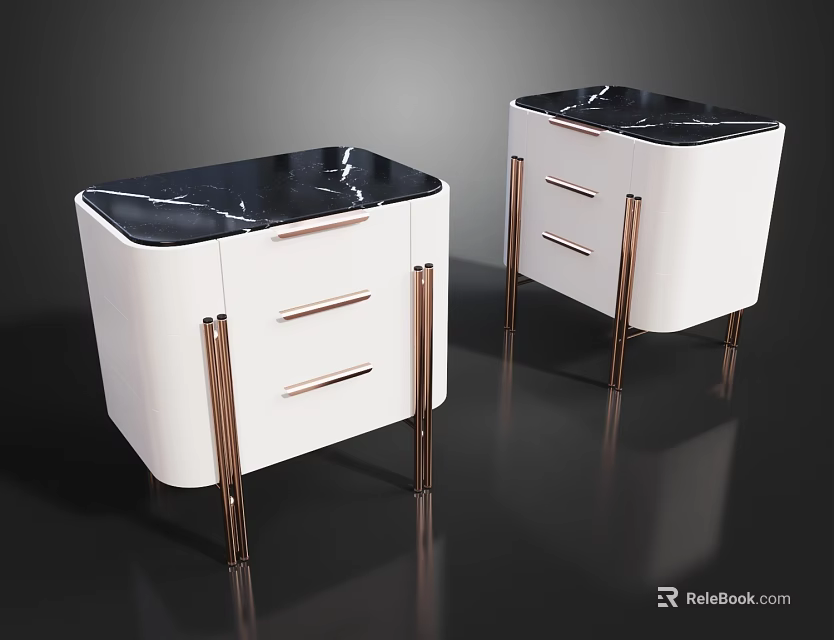 Modern White Bedside Tables With Black Marble Top And Brass Legs Drawers 3d model 