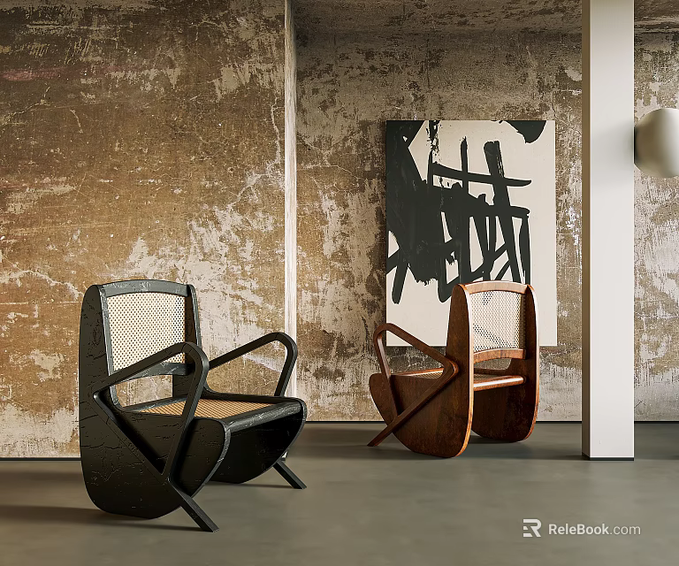 Stylish Pair Of Armchairs In Modern Interior With Textured Walls And Abstract Painting 3d model 