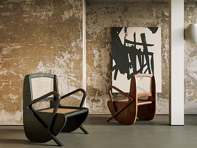 Stylish Pair Of Armchairs In Modern Interior With Textured Walls And Abstract Painting 3d model