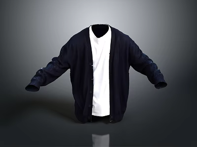 Loose Fitting Navy Cardigan With White Long Sleeve T Shirt Casual Outfit 3d model
