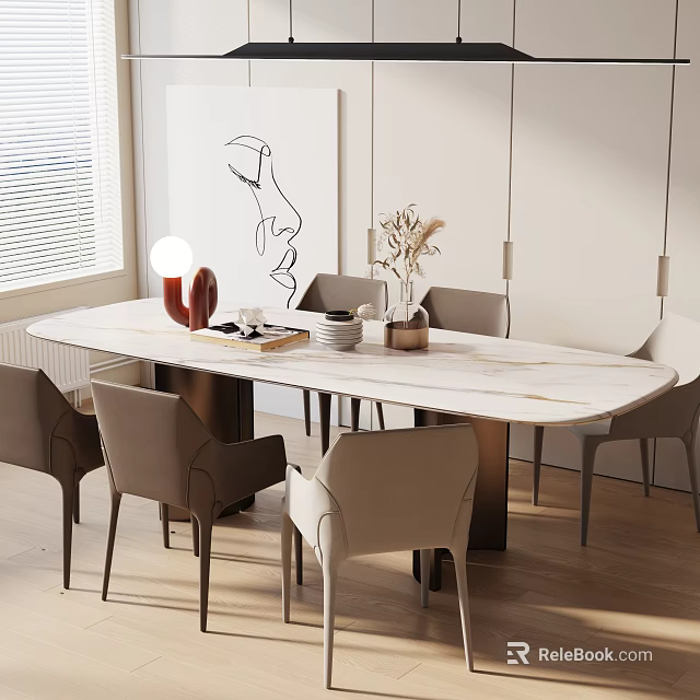 Modern Dining Table Set With Marble Top And Beige Chairs In Bright Interior 3d model 