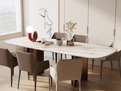 Modern Dining Table Set With Marble Top And Beige Chairs In Bright Interior 3d model