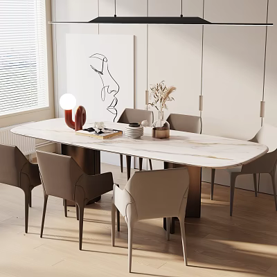 Modern Dining Table Set With Marble Top And Beige Chairs In Bright Interior 3d model