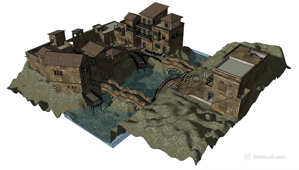 Ancient Village Architectural Model With Stone Bridge Water Area And Mountainous Terrain 3d model 