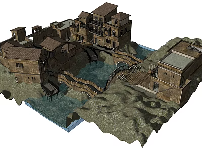 Ancient Village Architectural Model With Stone Bridge Water Area And Mountainous Terrain 3d model