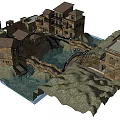 Ancient Village Architectural Model With Stone Bridge Water Area And Mountainous Terrain