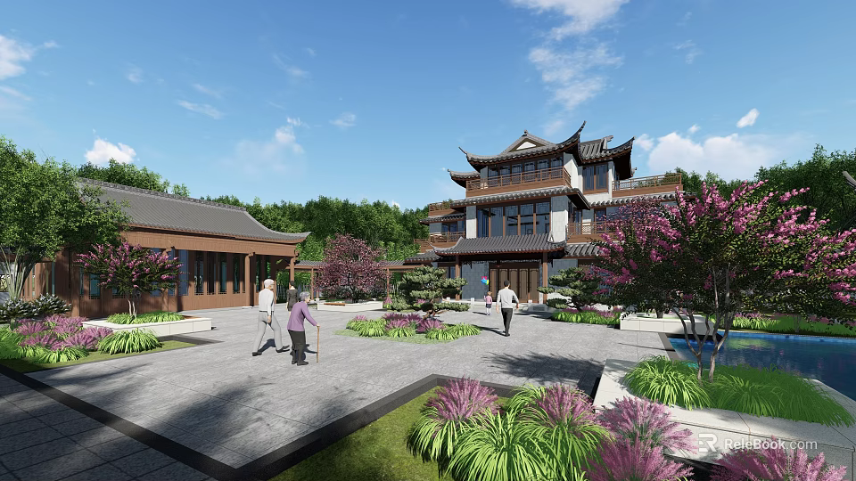 Traditional Chinese Detached Villa Featuring Courtyard Garden Greenery Stone Path and Water Pond 3d model 