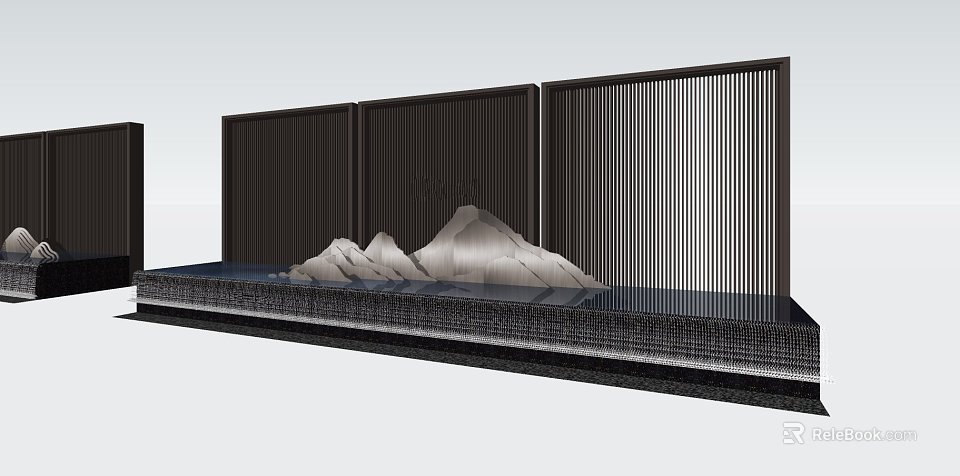 Modern Scenic Wall Design With Black Grille Panels And Rockery Water Feature 3d model 