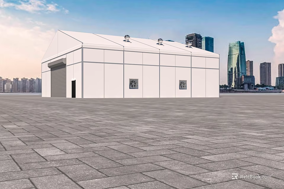 White Temporary Building With Roll up Door And Small Windows Against Urban Skyline 3d model 