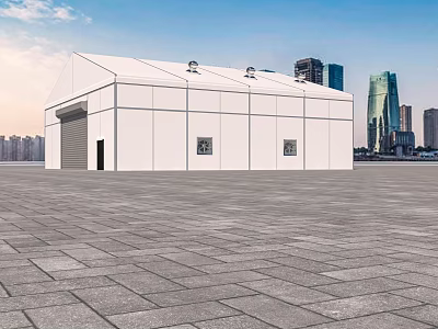White Temporary Building With Roll up Door And Small Windows Against Urban Skyline 3d model