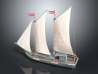 Sailing Ship With White Sails Red Flags And Blue White Hull Details 3d model