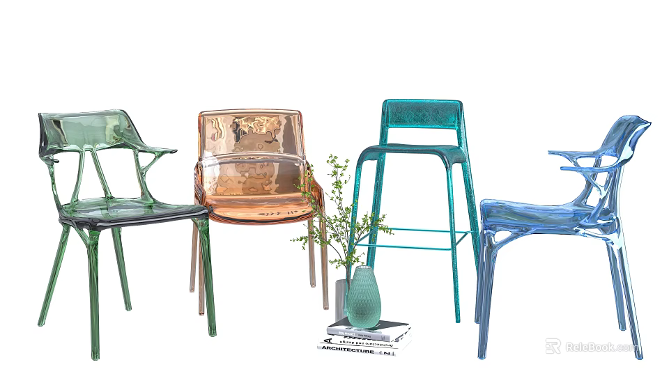 Transparent Casual Chairs In Modern Design With Multiple Colors And Decorative Vase 3d model 