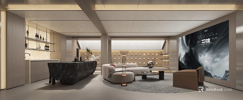 Modern Basement Interior With Comfortable Sofa Coffee Table And Decorative Lighting 3d model