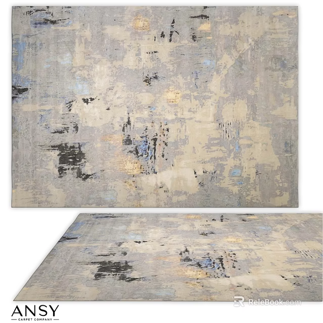 Abstract Square Rug In Beige Gray With Black Blue Irregular Brushstroke Patterns 3d model 