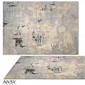 Abstract Square Rug In Beige Gray With Black Blue Irregular Brushstroke Patterns