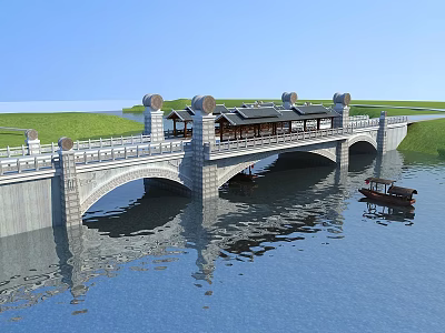 Ancient Chinese Architectural Bridge With Stone Arches Pavilion Boat And Water Reflection 3d model