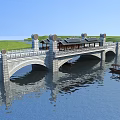 Ancient Chinese Architectural Bridge With Stone Arches Pavilion Boat And Water Reflection