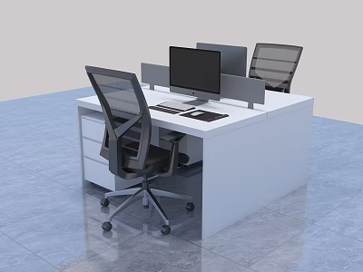 White Office Desk With Dual Computer Monitors Keyboard Mouse Two Mesh Office Chairs And Drawers 3d model